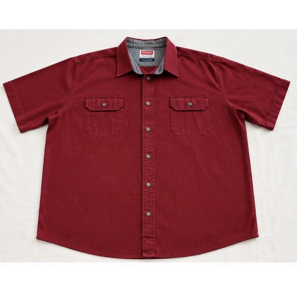 Wrangler comfort Flex Men’s 2XL Burgundy Short Sleeve Button Front Shirt Cotton